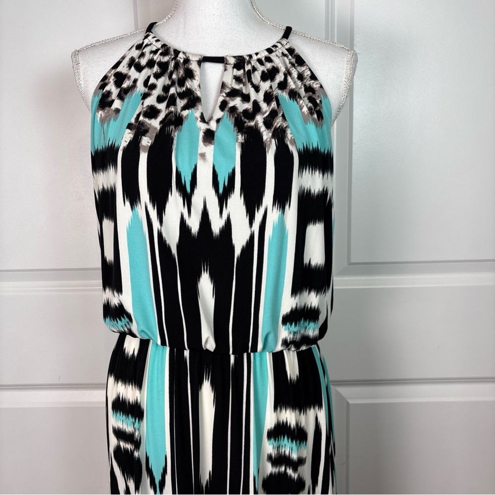 London Style Collection Geometric Ikat Leopard Print Maxi Dress Teal Black Sz 12 - Picture 3 of 11